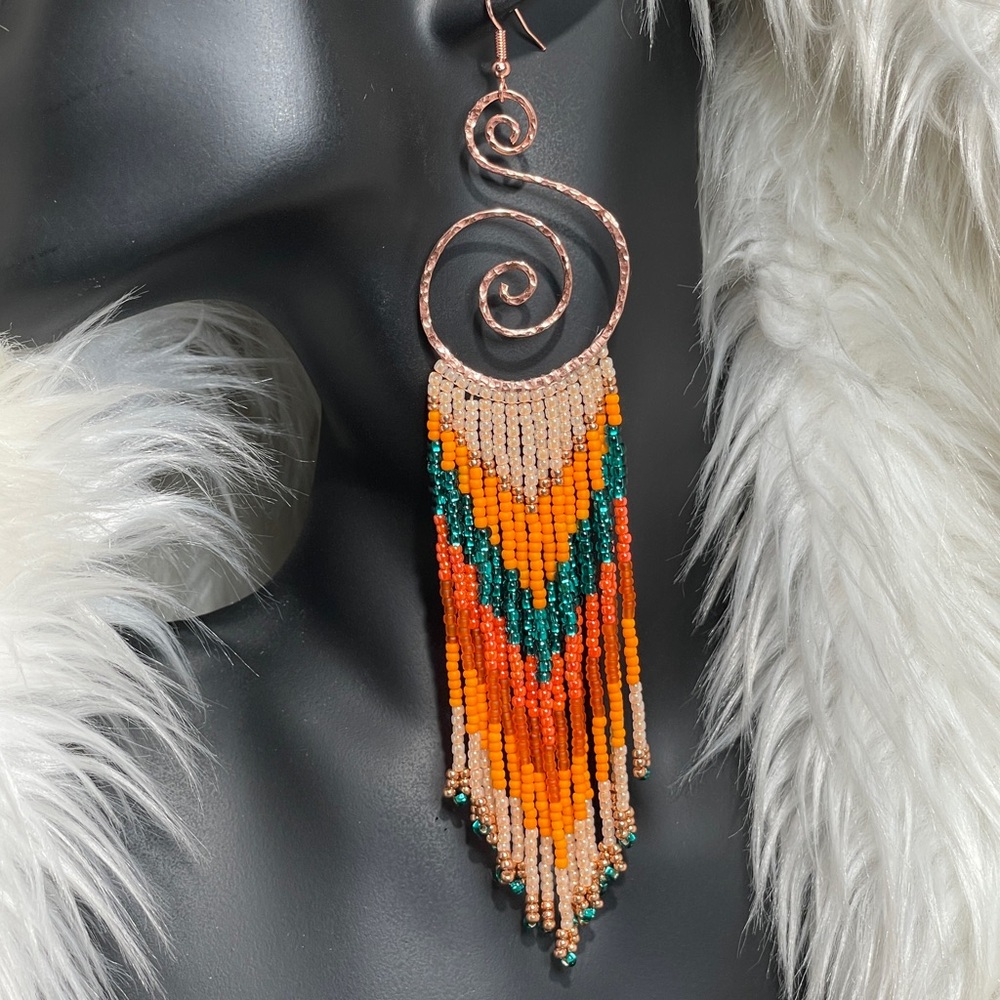 Hammered Copper Hoops With Long Orange Teal Glass Beaded Fringe Earrings - Picture 5 of 11